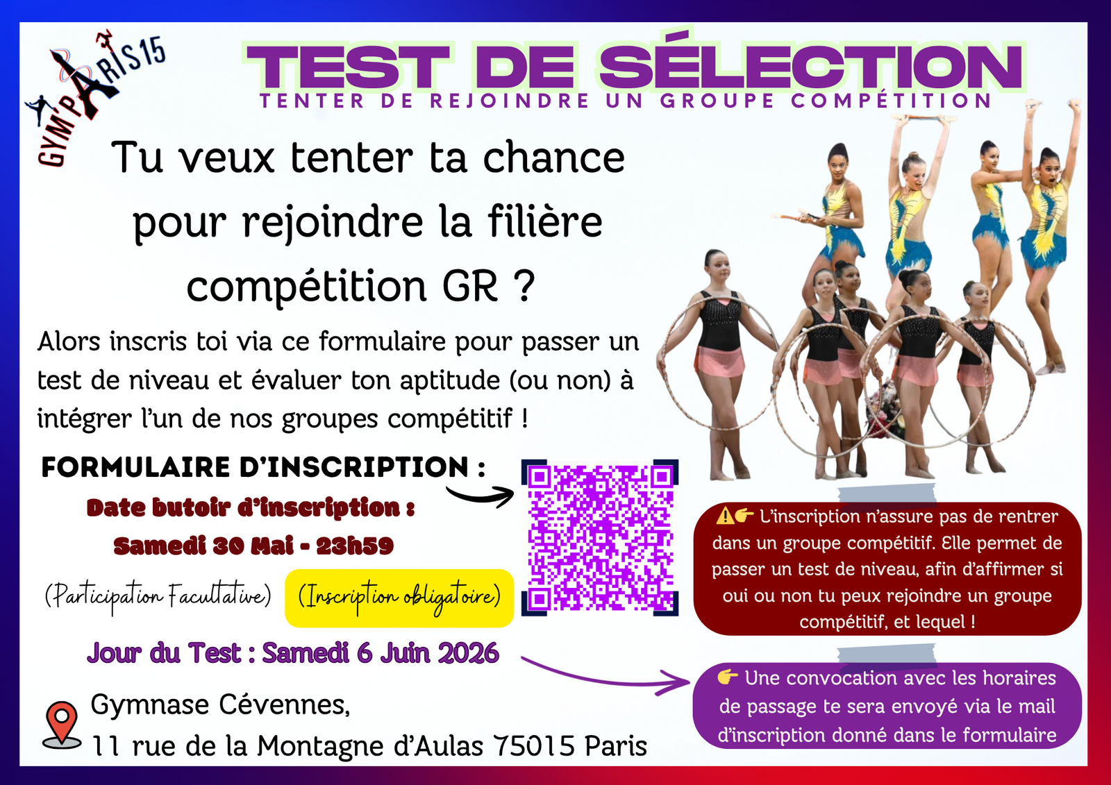 GYM PARIS 15 - TESTS DE SELECTION GR pour la Saison 2026/2027