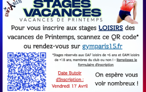 GYM PARIS 15 - Ouverture des inscriptions des stages de Printemps