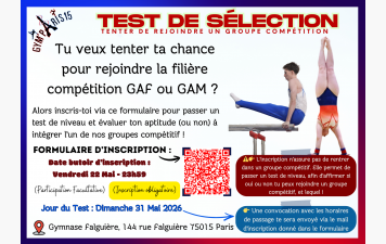 GYM PARIS 15 - TESTS DE SELECTION GAF/GAM pour la Saison 2026/2027