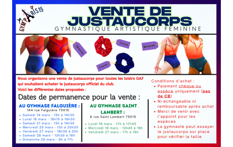 Vente de Justaucorps du Club - LOISIRS GAF